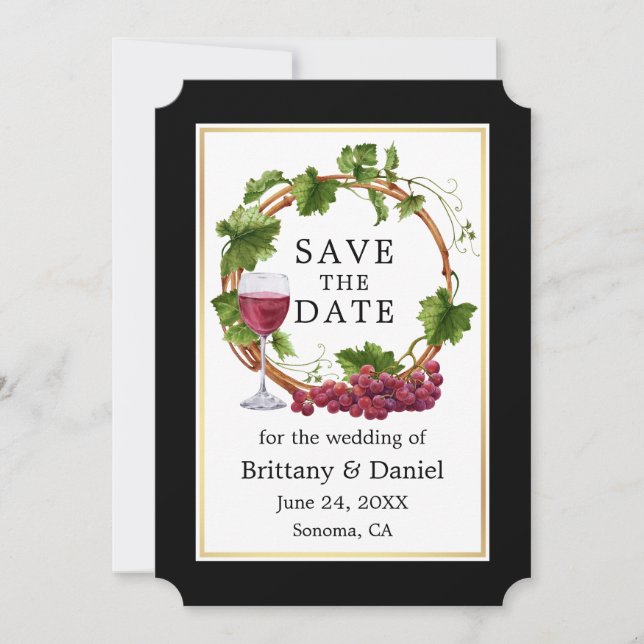 Save The Date Élégante vigne de raisin Aquarelle Wreath Black Go (Devant)