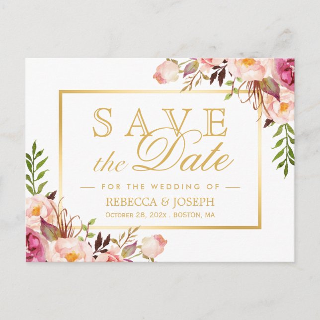 Save the Date eleganter, rosafarbener, floraler Go Postkarte (Vorderseite)