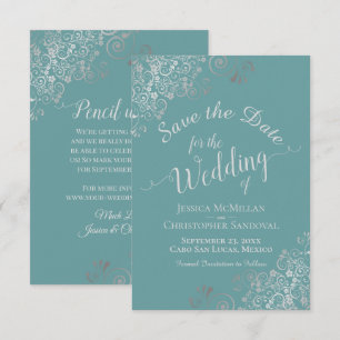 Save The Date Elégantes boucles d'argent sur Mariage Turquoise o