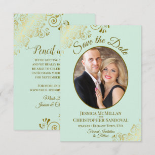 Save The Date Élégantes Boucles d'Or et Néo Vert Menthe Photo Ma