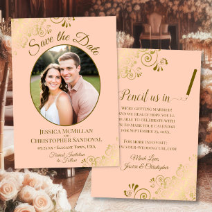 Save The Date Élégantes Boucles Dorées Ovale Photo Mariage Abric
