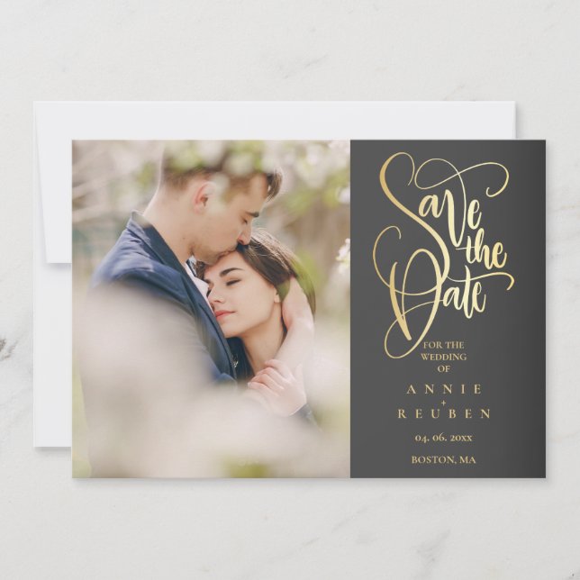 Save the Date Elegantes Chic Gold Script Foto Einladung (Vorderseite)