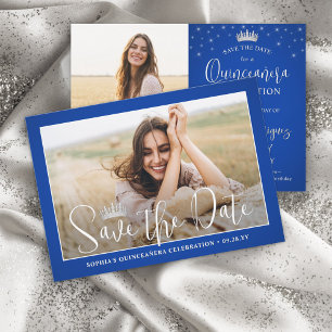 Save The Date Élégantes étincelles Quinceañera 2 Photo Royal Blu