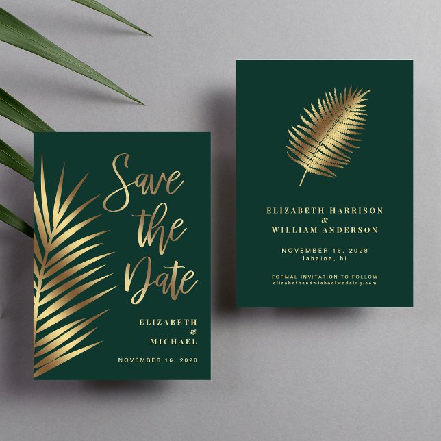 Save The Date Élégantes feuilles de palmier tropical vert or (Our user-friendly template allows you to easily tailor the save the date announcement to your event)