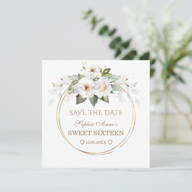 Save The Date Élégantes fleurs blanches Sweet sixteen or (Debout devant)