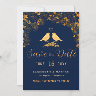 Save The Date Élégantes Fleurs Dorées Oiseaux Bleu Marine Photo 
