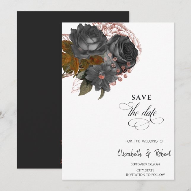 Save The Date Élégantes Fleurs Noires Enregistrer la Date (Devant / Derrière)