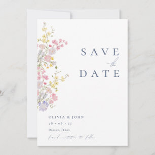 Save The Date Élégantes Fleurs Sauvages de Mariage en Bleu Pouss