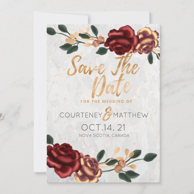 Save the Date - Elegantes Gold und Rote Rosen Einladung (Vorderseite)