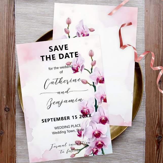Save The Date Élégantes Orchidées Papillon Fleuries Roses Mariag (Créateur téléchargé)