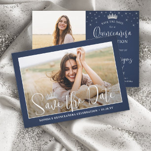 Save The Date Élégantes Paillettes Quinceañera 2 Photo Bleu Nuit