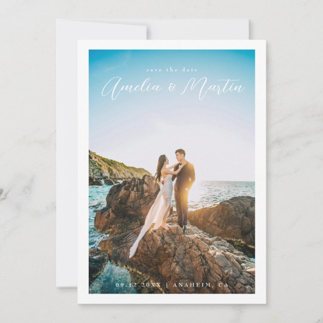 Save the Date elegantes Portrait mit weißem Border (Vorderseite)