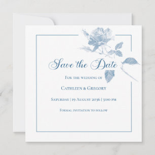 Save The Date Élégantes Roses Blanches Fleurs Mariage Bleu Pouss