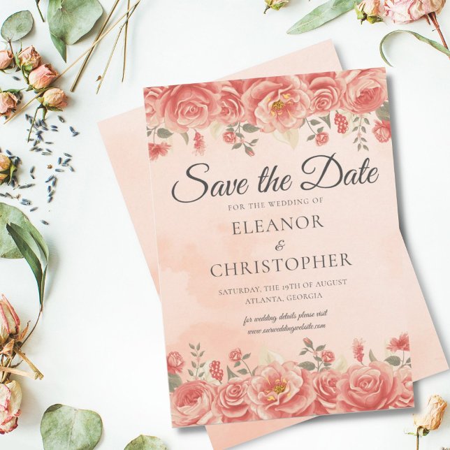 Save The Date Élégantes Roses Corail Aquarelle Fleurs Pêche (Créateur téléchargé)