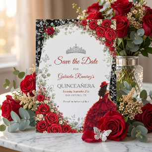 Save The Date Élégantes Roses Rouges et Diadème Argenté Quinceañ