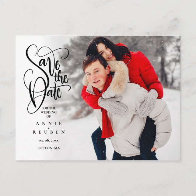 Save the Date Elegantes Script Foto Modernes Postkarte (Vorderseite)