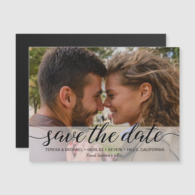 Save the Date Elegantes Script-Verlobung-Foto Magnetkarte (Vorne/Hinten)