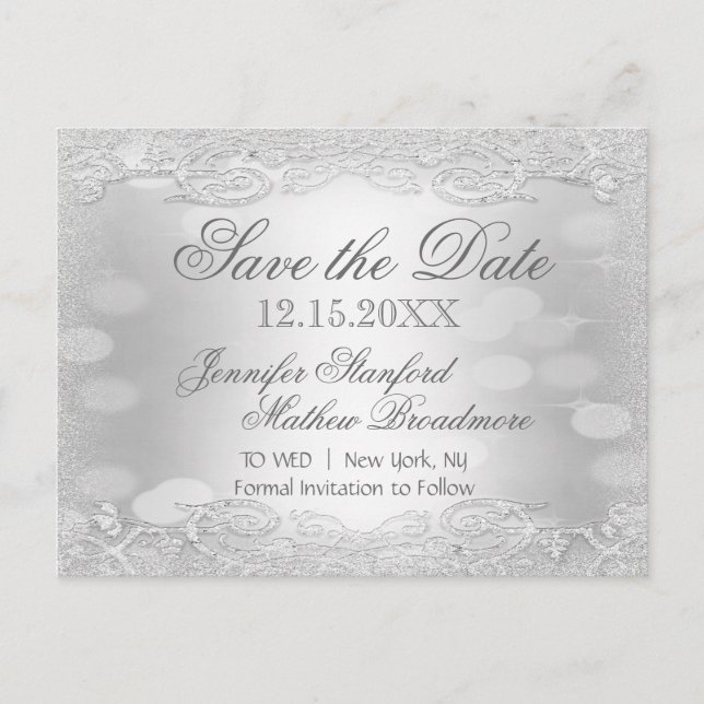Save The Date | Elegantes Silber Ankündigungspostkarte (Vorderseite)