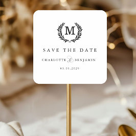 Save The Date! Elegantes Wappen Monogram White Quadratischer Aufkleber