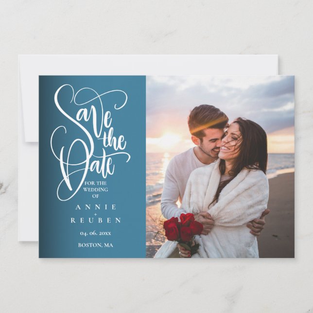 Save the Date Elegantes White Script Modernes Foto Einladung (Vorderseite)