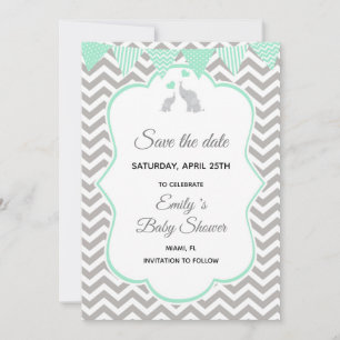 Save the Date Elephant Mint Green Silver