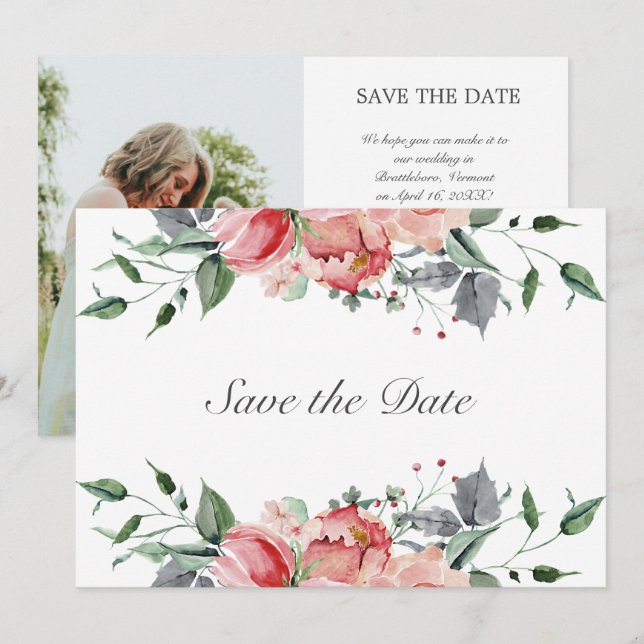 Save The Date Elizabeth Elegant Mariage Fleurs Roses Sauvez La D (Devant / Derrière)