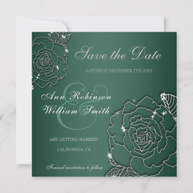 Save The Date Emerald À feuillage persistant Silver Mariage élég (Devant)