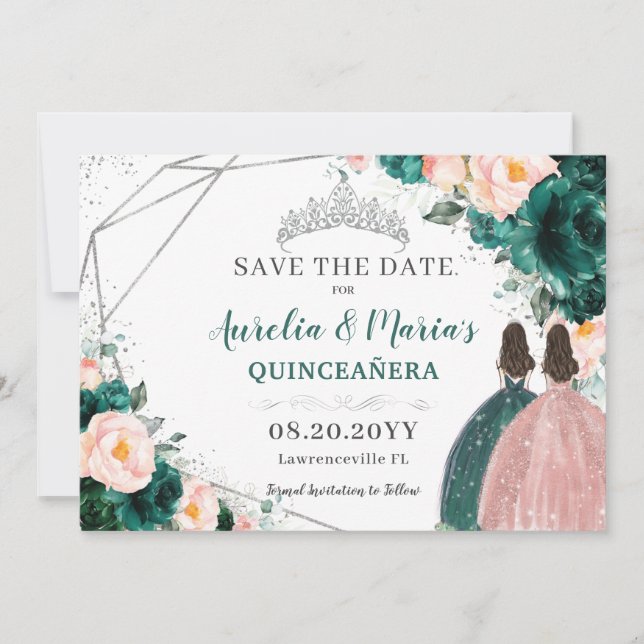 Save The Date Emerald Blush Floral Twins Quinceanera Sweet 16 (Devant)
