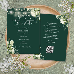 Save The Date Emerald Floral String Lights QR Code Mariage