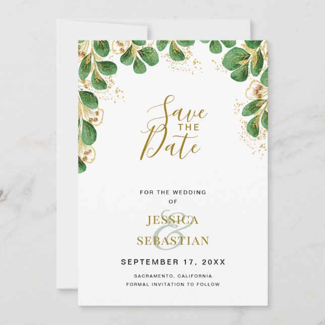 Save The Date Emerald & Gold Eucalyptus Green Photo élégante (Devant)