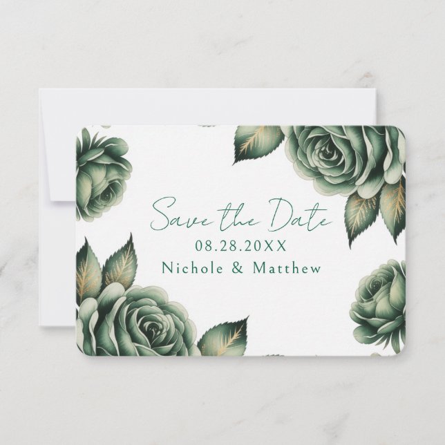 Save The Date Emerald Green and Gold Rose Wedding  (Devant)