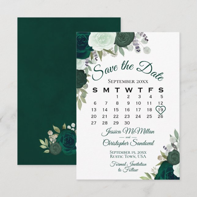 Save The Date Emerald Green Floral Elegant Boho Mariage Calendri (Devant / Derrière)