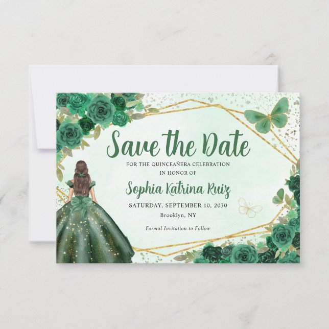 Save The Date Emerald Green Floral Princess Quinceañera (Devant)