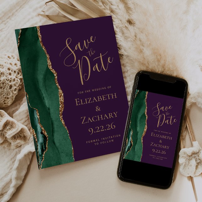 Save The Date Emerald Green Gold Agate Purple Enregistrer la dat (Créateur téléchargé)