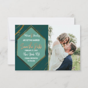 Save The Date Emerald Green Gold Marbre géométrique Enregistrer
