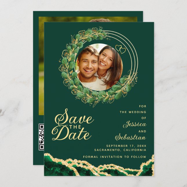 Save The Date Emerald Green & Gold Photo QR Code élégant (Devant / Derrière)