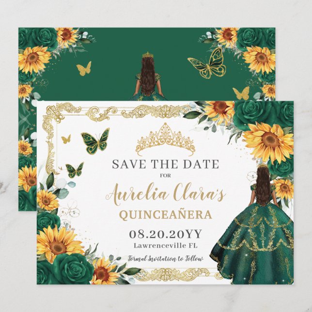 Save The Date Emerald Green Sunflowers Floral Gold Quinceañera (Devant / Derrière)