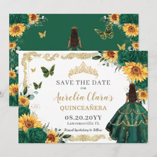 Save The Date Emerald Green Sunflowers Floral Gold Quinceañera