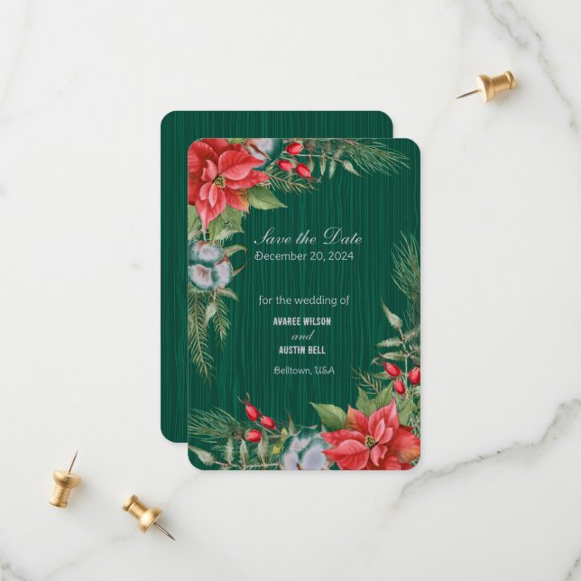 Save The Date Émeraude de Noël Green Poinsettia (Devant/Arrière en situation)