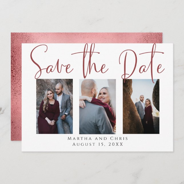 Save The Date Enregistrer la date 3 Photo Rose Gold Modern Scrip (Devant / Derrière)