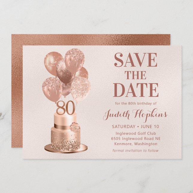 Save The Date Enregistrer La Date 80e Anniversaire Rose Gold Cak (Devant / Derrière)