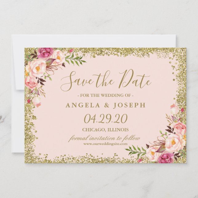 Save The Date Enregistrer la date Blush Pink Gold Parties scinti (Devant)