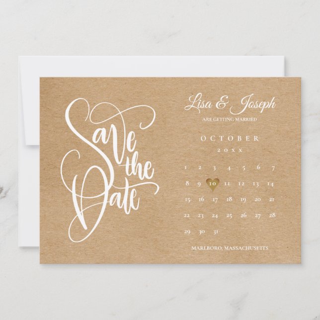 Save The Date Enregistrer la date Calendrier Gold Heart Rustic K (Devant)