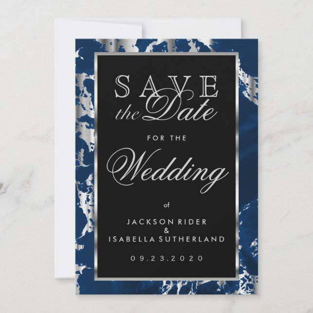 Save The Date Enregistrer la date Deep Blue and Silver Marble (Devant)