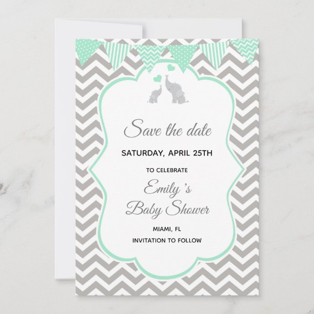 Save The Date Enregistrer La Date Elephant Mint Vert Argent (Devant)
