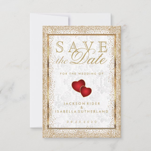 Save The Date Enregistrer la date Gold Confetti et White Damask (Devant)
