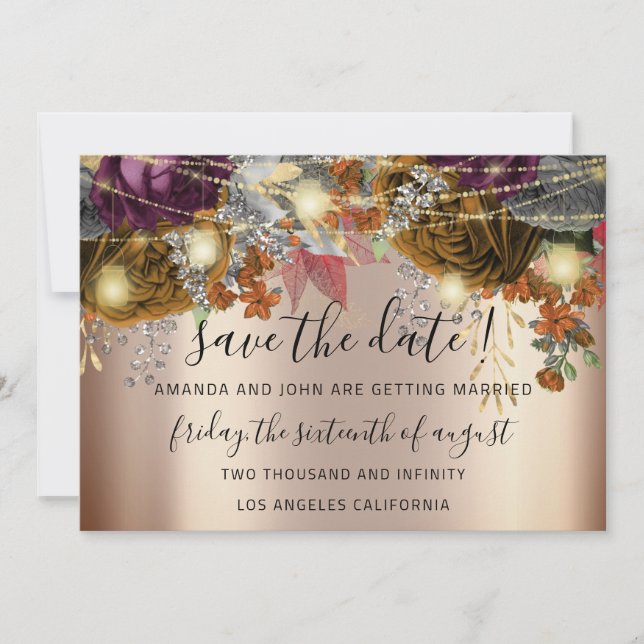 Save The Date Enregistrer La Date Gold Floral Roses Lumières (Devant)