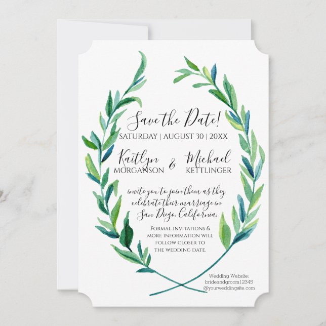 Save The Date Enregistrer la date Laurel Wreath Olive Leaf Branc (Devant)