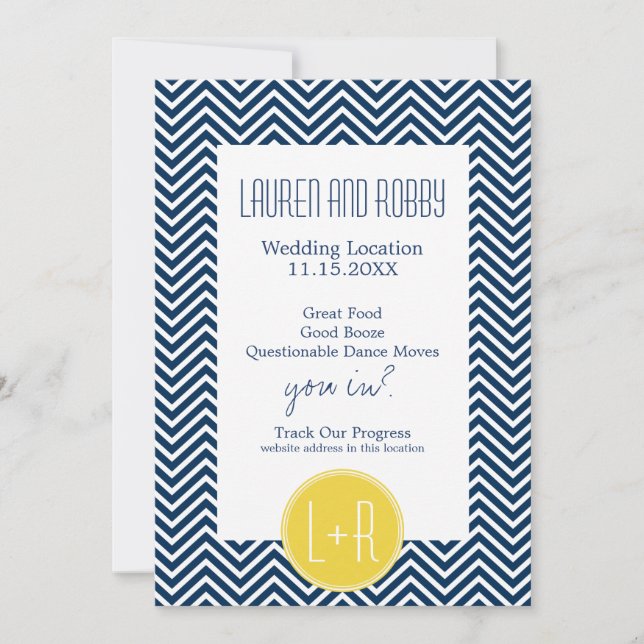 Save The Date Enregistrer la date Navy Chevrons bleu et jaune (Devant)