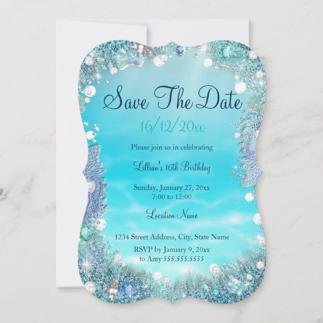 Save The Date Enregistrer La Date Turquoise Blue Water Ocean Pea (Devant)
